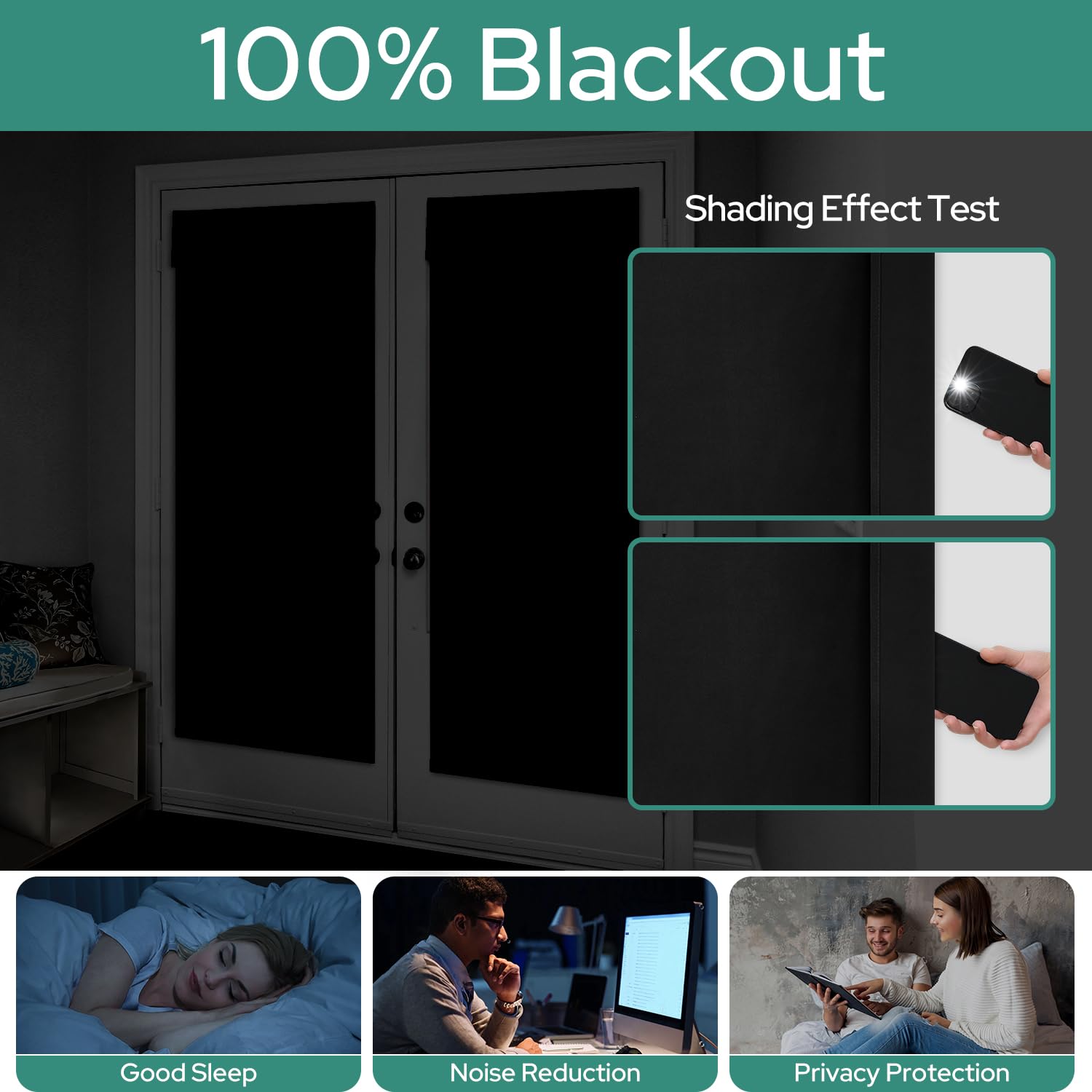 Homeideas 100% Blackout French Door Curtains, Privacy Door Curtains For Door Window, 26 X 68 Inch Room Darkening Curtains, Thermal Insulated Door Window Shades For Bedroom, (1 Panel, Black)